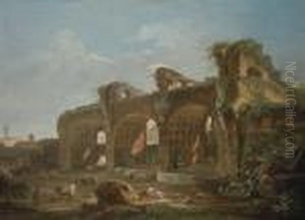 A View Of The Basilica Maxentius
 And Constantine, Rome, Withpeasants And Cattle In The Foreground Oil Painting by Hubert Robert