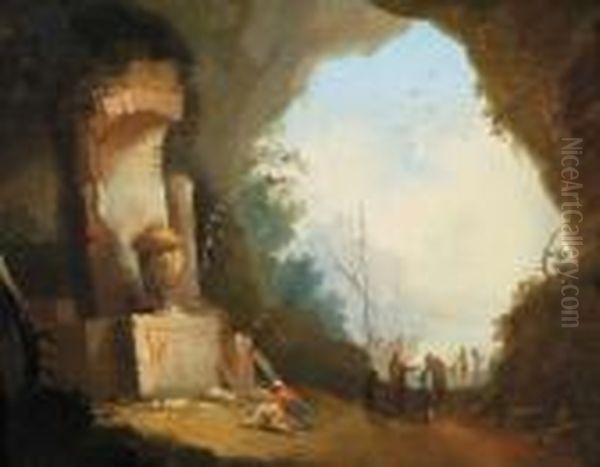 Una Caverna Con Personaggi Davanti Ad Un Monumento Classico Epanorama Del Mare Aperto Oil Painting by Hubert Robert