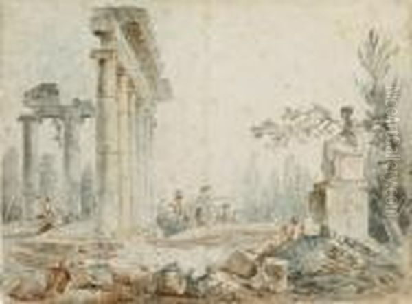 Figures Among Classical Ruins Oil Painting by Hubert Robert