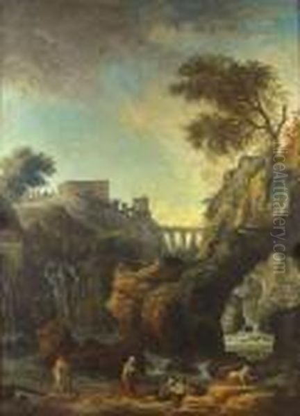 Forteresse Dominant Une Cascade Dans Un Paysage Anime De Promeneurs Oil Painting by Hubert Robert