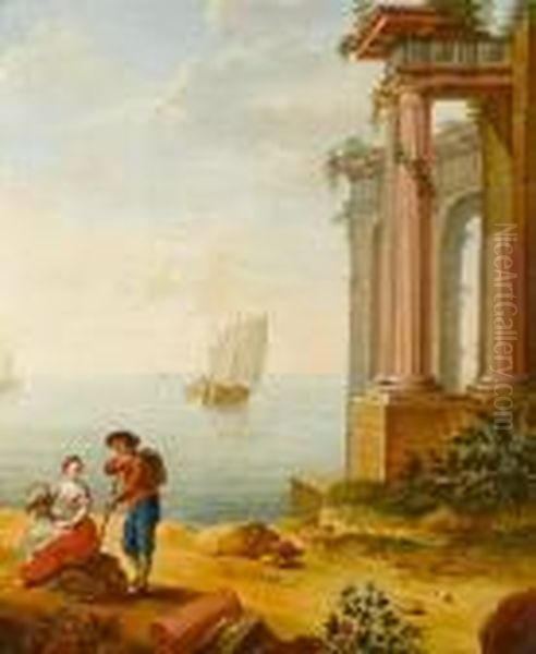 A Mediterranean Coastline Oil Painting by Hubert Robert