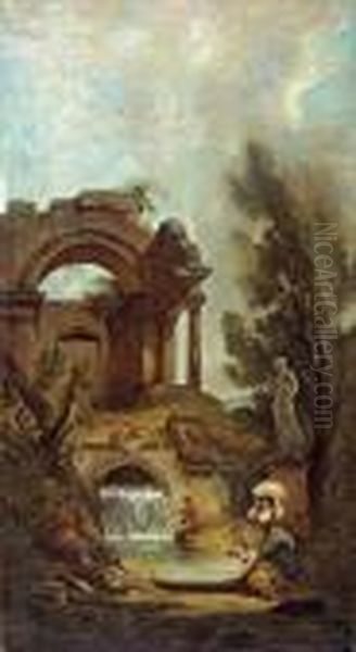 Figures Amongst Classical Ruins Oil Painting by Hubert Robert