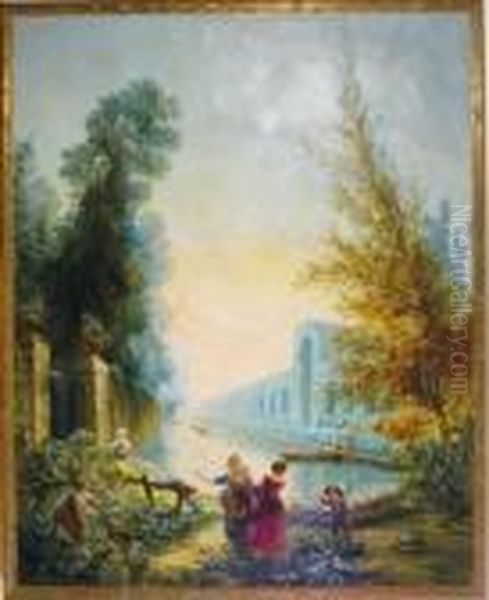 Elegant Figures Boating In The Park; And A Companion Painting Oil Painting by Hubert Robert