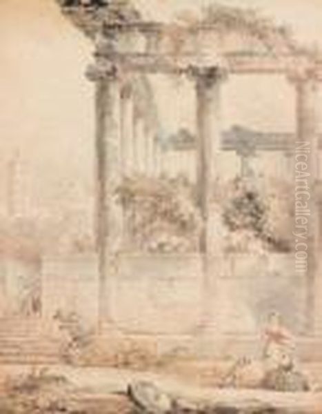 Le Temple De Saturne A Rome Anime De Personnages
 Aquarelle Oil Painting by Hubert Robert