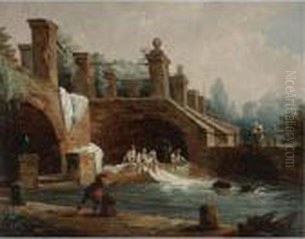 Laundresses At Work Under The Archway Of A Trellised Acqueduct by Hubert Robert