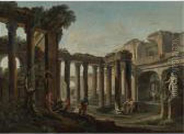 Figures Resting Among Roman Ruins Oil Painting by Hubert Robert