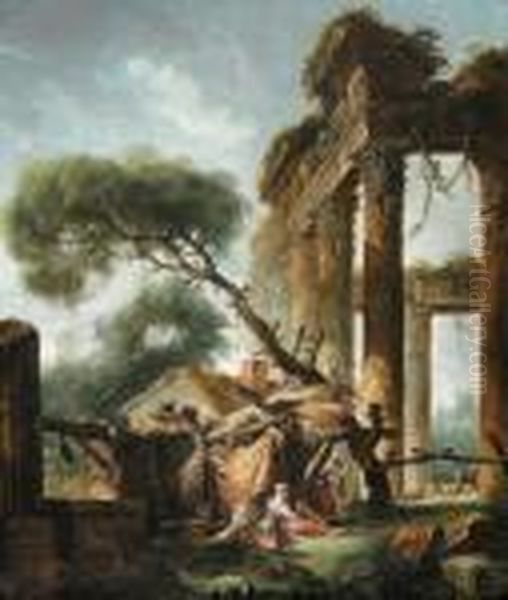 Bergers Et Enfants Dans Des Ruines Oil Painting by Hubert Robert