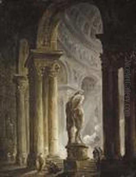 An Interior Of A Temple, With Figures By A Statue Of Hercules Oil Painting by Hubert Robert