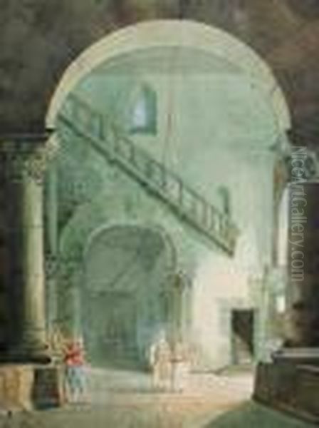 Interieur D'eglise - Le Sonneur Et Deux Religieux Oil Painting by Hubert Robert