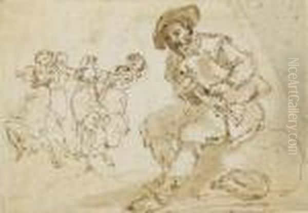 Un Homme Assis Jouant De La 
Cornemuse Et Des Femmes Dansant A L'arriere-plan (recto); Croquis 
(verso) Oil Painting by Hubert Robert