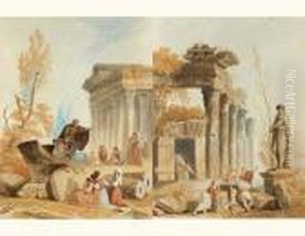 Ruines Antiques Animees De Personnages Oil Painting by Hubert Robert