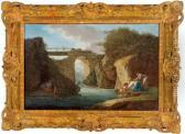 Paesaggio Roccioso Con Un Ponte Cadente Di Pietra Su Un Torrente E Varie Figure Oil Painting by Hubert Robert