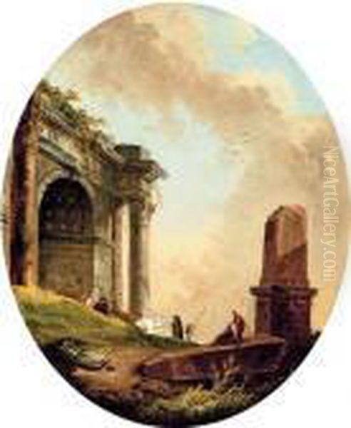 Drovers And Their Livestock Before A Ruined Arch And Obelisk Oil Painting by Hubert Robert