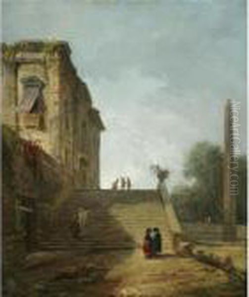 Capriccio Landscape With Figures
 Ascending A Staircase Near An Obelisk In The Gardens Of A Villa Oil Painting by Hubert Robert