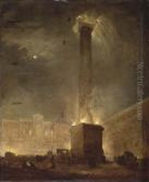 La Colonne De Marc Aurele Et La Place Colonna A Rome Illuminees Oil Painting by Hubert Robert