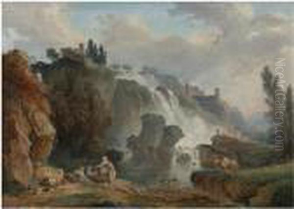 The Cascades At Tivoli With The Temple Of Vesta, Some Figures Resting In The Foreground. Oil Painting by Hubert Robert