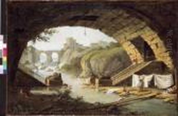 Paesaggio Con Lavandaie Oil Painting by Hubert Robert