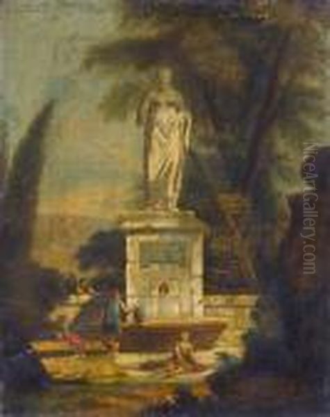 Figures At A Fountain Beneath A Statue Of Venus Oil Painting by Hubert Robert