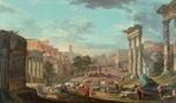 A Capriccio Of The Campo Vaccino With Figures Amongst Ruins Oil Painting by Hubert Robert