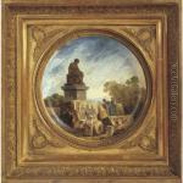 Italian Landscape With A Peasant Woman Standing By A Statue Oil Painting by Hubert Robert