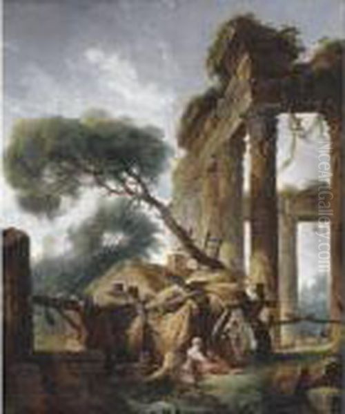 A Peasant Family Outside Their Dwelling Beneath A Ruined Roman Temple Oil Painting by Hubert Robert