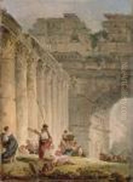 A Capriccio Of A Classical Colonnade Oil Painting by Hubert Robert