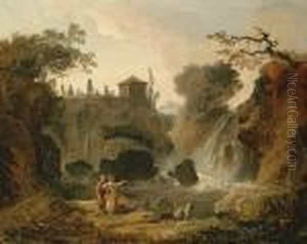 The Waterfall At Tivoli With Figures Resting By The Pool Oil Painting by Hubert Robert