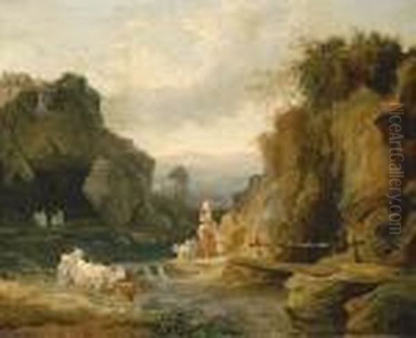 Figures By A Footbridge In A Rocky River Landscape Oil Painting by Hubert Robert