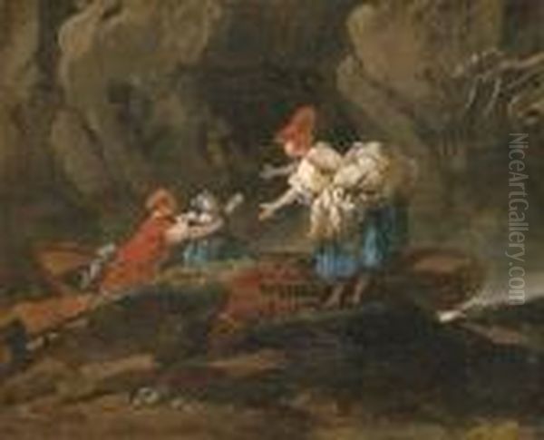 A Family Disembarking From A Boat In A Rocky River Landscape Oil Painting by Hubert Robert