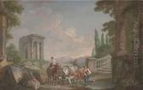 A Landscape With Classical Ruins Oil Painting by Hubert Robert