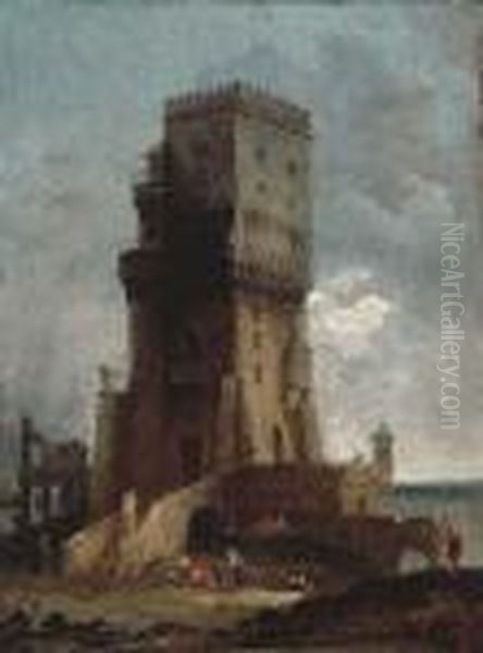 A Capriccio Of A Tower With Figures In The Foreground, Ruins And The Sea Beyond Oil Painting by Hubert Robert