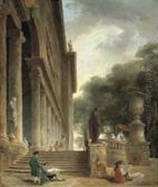 Colonnade Et Jardins Du Palais 
Medici: Gentlemen Sketching In An Italianate Garden; And Restes Du 
Palais Du Pape Jules: An Architectural Capriccio With Haymakers Oil Painting by Hubert Robert