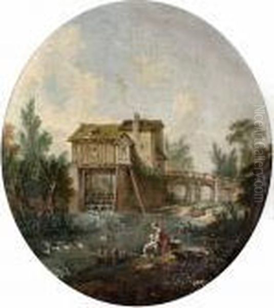 Romantiskt Landskap Med Tvatterska Oil Painting by Hubert Robert