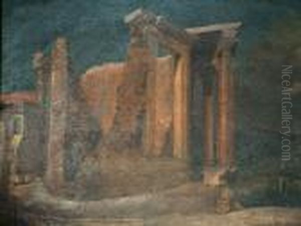 19th Century- Study Of A Classical Ruin Oil Painting by Hubert Robert