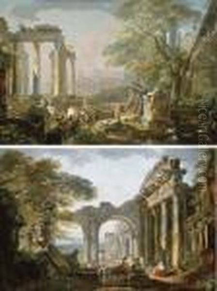 Figures Amongst Classical Ruins Oil Painting by Hubert Robert