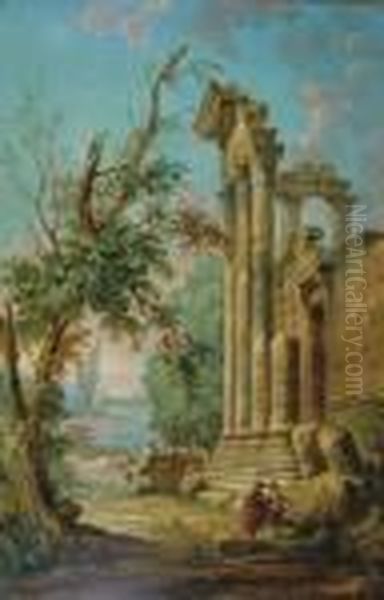 Figures Among Classical Ruins Oil Painting by Hubert Robert