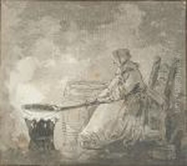 Woman Cooking Over A Fire Oil Painting by Hubert Robert