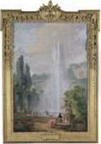 A Garden Landscape With A Villa Overlooking A Large Fountain Oil Painting by Hubert Robert