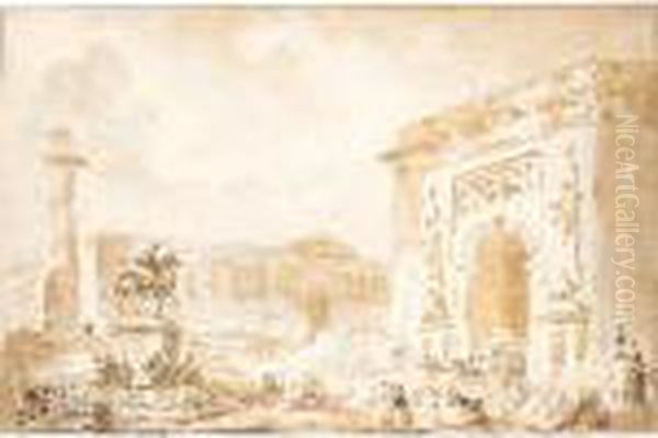 A Capriccio Of Parisian Monuments Oil Painting by Hubert Robert