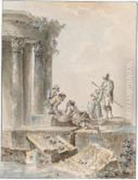 Figures In Conversation Among Roman Ruins, A Circular Temple To The Left Oil Painting by Hubert Robert