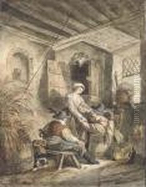 L'aubergiste Courtisee: 
L'interieur D'une Auberge Avec Deuxvoyageurs Courtisant Une Femme Oil Painting by Hubert Robert