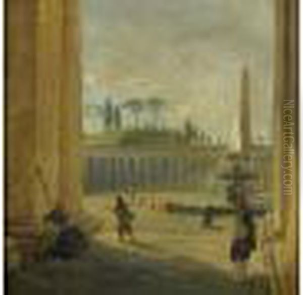 Vue De La Place Saint-pierre Avec Des Pelerins Sous La Colonnade Oil Painting by Hubert Robert