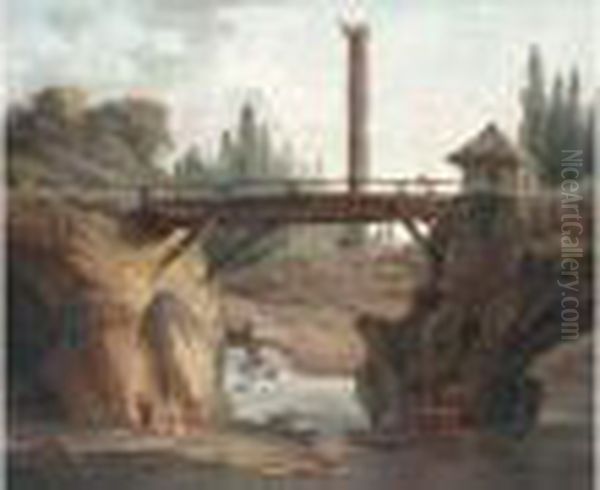 Vue Du Parc De Mereville : La 
Grande Cascade Derriere Le Pont Rustique Et Le Belvedere Domine Par La 
Colonne Trajane Oil Painting by Hubert Robert