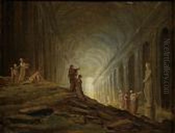 Personnages Dans Une Vue Fantaisiste De La Colonnade Du Louvre En Ruines Oil Painting by Hubert Robert