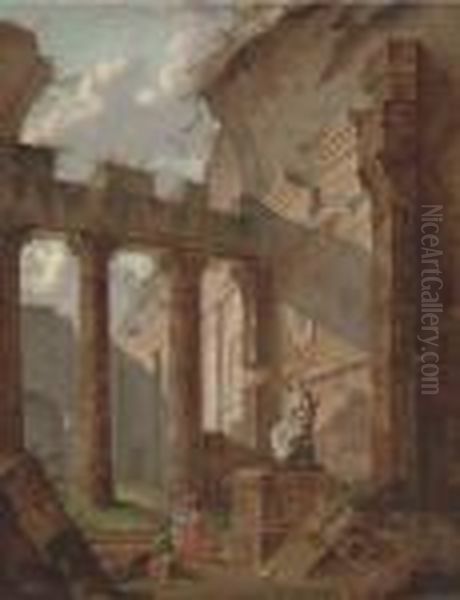 A Capriccio Of Classical Ruins With Figures By A Statue Oil Painting by Hubert Robert