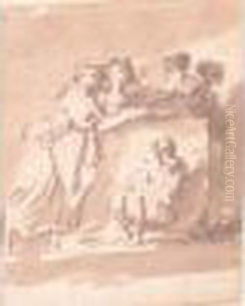 Groupe De Femmes Et Un Homme Assis Fumant La Pipe Oil Painting by Hubert Robert