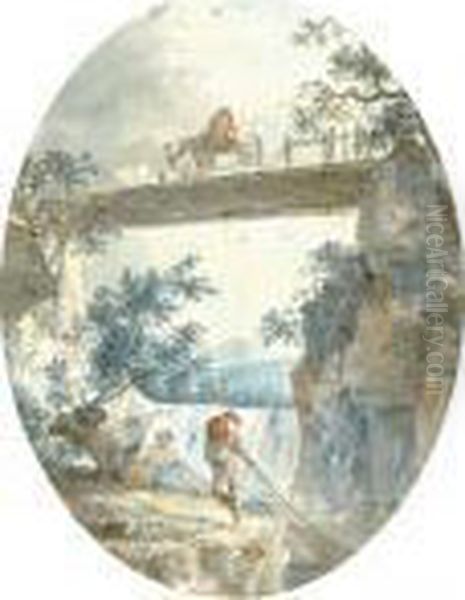 A River Landscape With A Fisherman Pulling In A Net Oil Painting by Hubert Robert