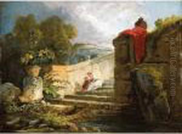 A Scene In The Grounds Of The 
Villa Farnese, Rome, With A Mother And Child Seated Upon An Antique 
Stair, A Classical Rotunda Beyond Oil Painting by Hubert Robert