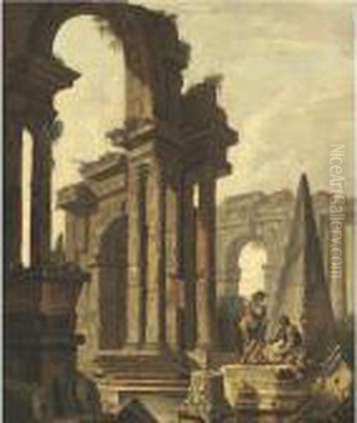 Figures Among Roman Ruins Oil Painting by Hubert Robert