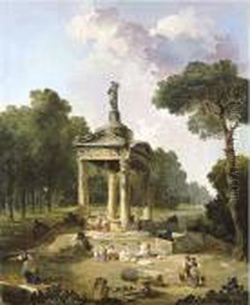 A Capriccio With Washerwomen Around A Classical Fountain Oil Painting by Hubert Robert